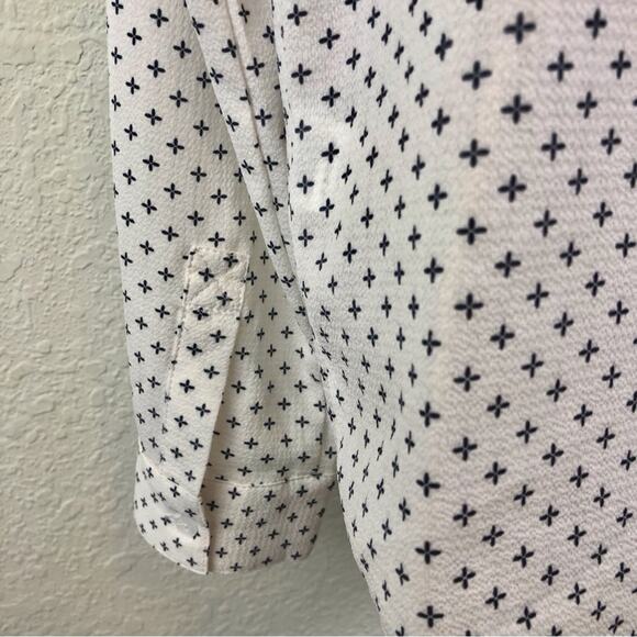 Vixbe Cream Black Print Button Front Long Sleeve Blouse Square Hem Loose Fit - Picture 11 of 16